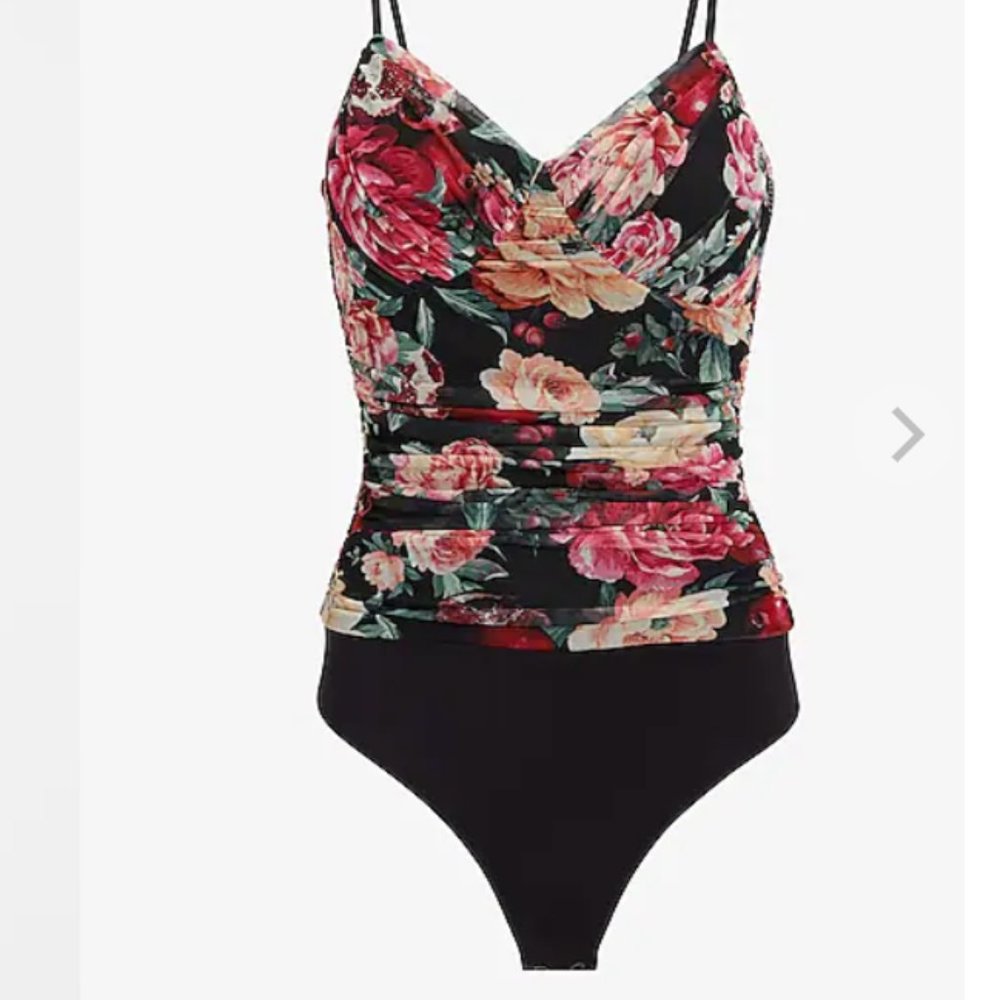 Express XL Very Flattering Floral Bodysuit - Black, Pink, Cream, Green, Red